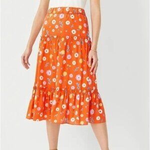 Ann Taylor Floral Gathered flounce Tiered Midi Skirt in Orange Spark
